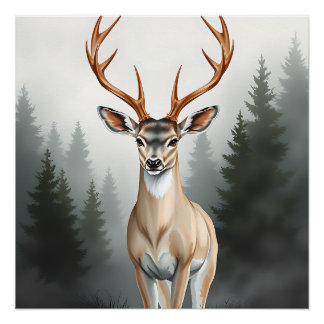Majestueus hert in nevelig bos – rustige natuur perfect poster