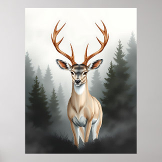 Majestueus hert in nevelig bos – rustige natuur poster