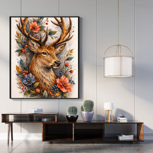 Majestueus herten bloemkunstposter hertenillustrat poster