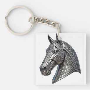 Majestueus Keltisch zilveren paardenhoofd met knoo Sleutelhanger