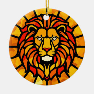Majestueus Leeuw Zonnekrans Cirkelontwerp Keramisch Ornament