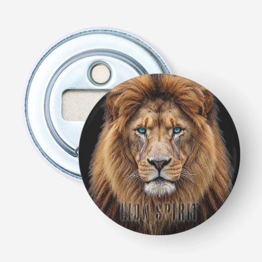 Majestueus Leeuwengezicht met Blauwe Ogen | Wilde Button Flesopener (Voorkant)