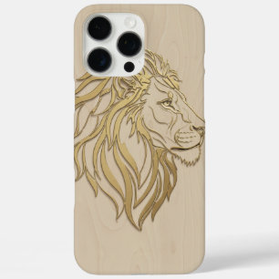 Majestueus Leeuwengezicht op Beige Hout – Krachtig iPhone 16 Pro Max Hoesje