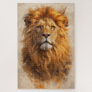 Majestueus Leeuwportret – Gouden Krachtpuzzel Legpuzzel