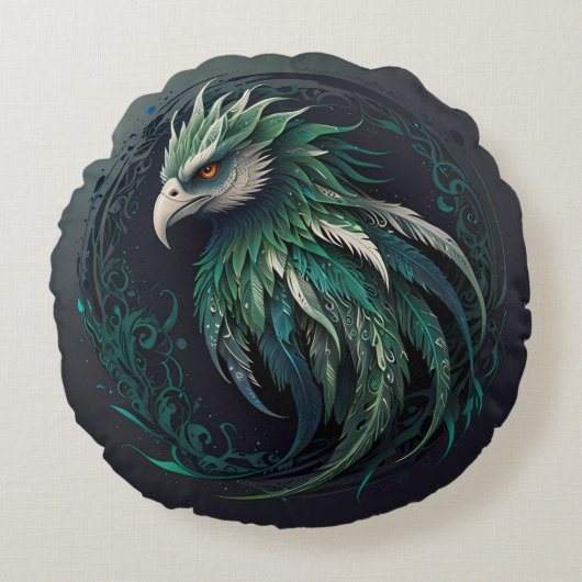 Majestueus Mooie Groene Phoenix Vogel Ontwerp Rond Kussen (Voorkant)