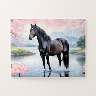 Majestueus paard en schoonheid van lotus legpuzzel