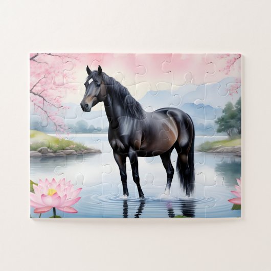 Majestueus paard en schoonheid van lotus legpuzzel (Horizontaal)