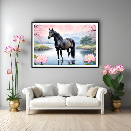 Majestueus paard en schoonheid van lotus poster