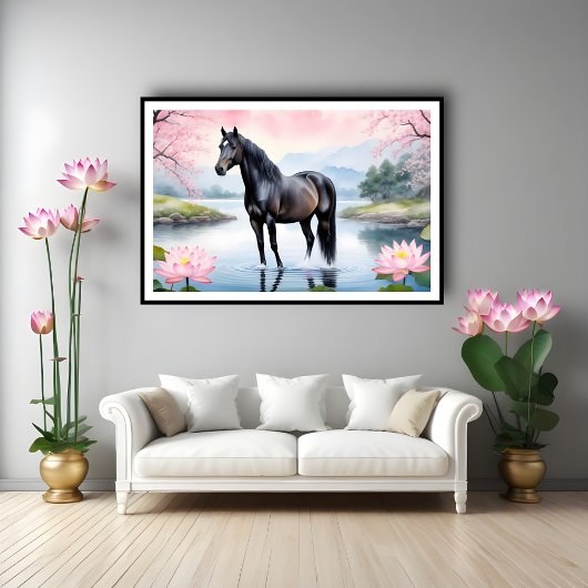 Majestueus paard en schoonheid van lotus poster