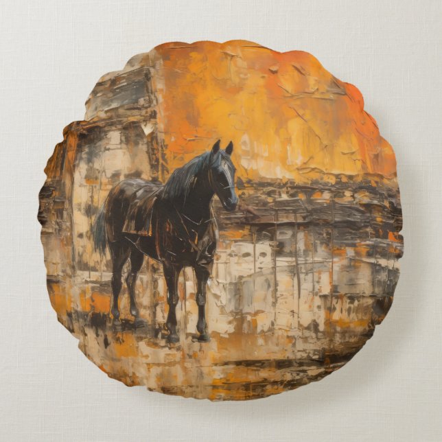 Majestueus Paard in Abstracte zonsondergang Rond Kussen (Voorkant)