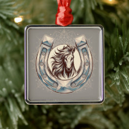 Majestueus Paard in Geluks Hoefijzer Metalen Ornament