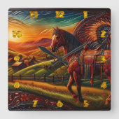 Majestueus paard in kleurrijk zonsonderganglandsch vierkante klok (Voorkant)