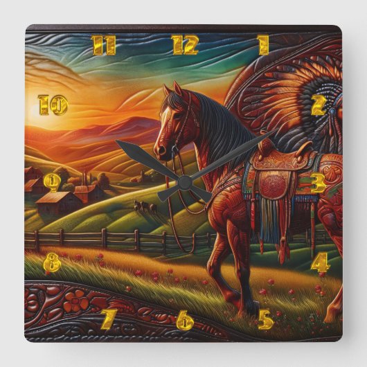Majestueus paard in kleurrijk zonsonderganglandsch vierkante klok (Voorkant)