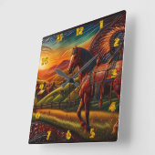 Majestueus paard in kleurrijk zonsonderganglandsch vierkante klok (Hoek)