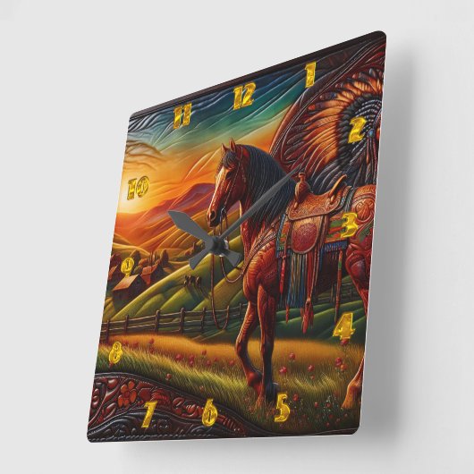 Majestueus paard in kleurrijk zonsonderganglandsch vierkante klok (Hoek)