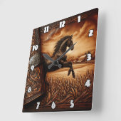 Majestueus paard loopt door het veld bij zonsonder vierkante klok (Hoek)