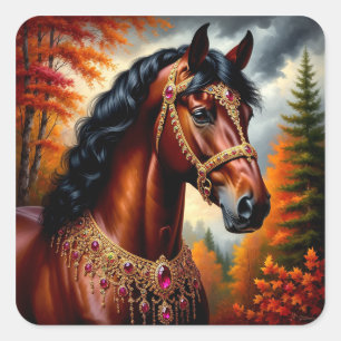 Majestueus paard met sierlijk gouden tuig vierkante sticker