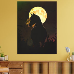 Majestueus Paard Silhouet Onder Volle Maan Canvas Afdruk