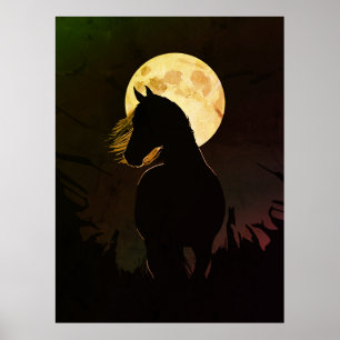 Majestueus Paard Silhouet Onder Volle Maan Poster
