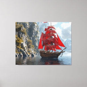 Majestueus schip met rode zeilen in de buurt van s canvas afdruk