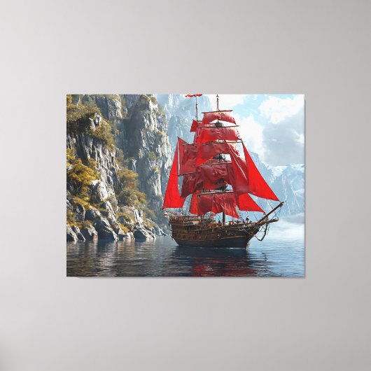 Majestueus schip met rode zeilen in de buurt van s canvas afdruk (Voorkant)