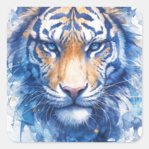 Majestueus Tijgergezicht met Blauwe en Gouden Wate Vierkante Sticker