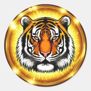 🐅 Majestueus Tijgerhoofd Gouden Gloed Nacht Kunst Ronde Sticker