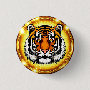 Majestueus Tijgerhoofd Met Gloeiende Gouden Lichte Ronde Button 3,2 Cm