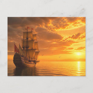 Majestueus Vintage Galeischip Gouden Oceaan Zonson Briefkaart
