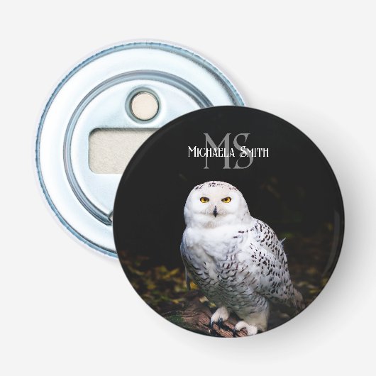 Majestueus winter sneeuwuil monogram aangepaste na button flesopener (Voorkant)