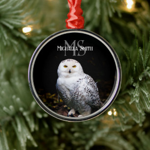Majestueus winter sneeuwuil monogram aangepaste na metalen ornament