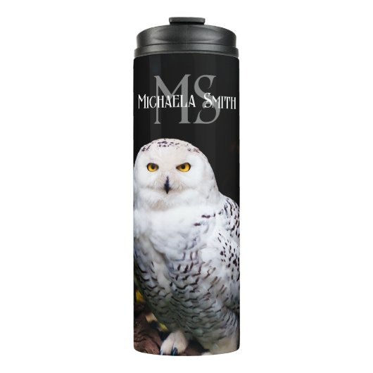 Majestueus winter sneeuwuil monogram aangepaste na thermosbeker (Voorkant)