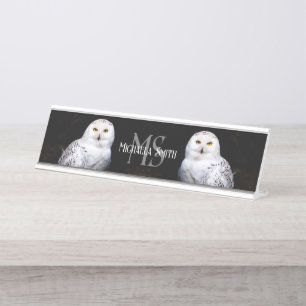Majestueus winter sneeuwuil monogram met eigen naa bureau naambordje