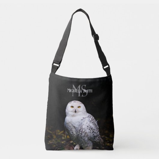 Majestueus winter sneeuwuil monogram met eigen naa crossbody tas (Voorkant)