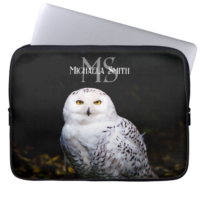 Majestueus winter sneeuwuil monogram met eigen naa laptop sleeve (Voorkant)
