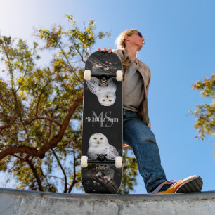 Majestueus winter sneeuwuil monogram met eigen naa persoonlijk skateboard
