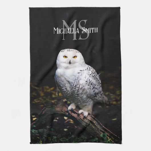 Majestueus winter sneeuwuil monogram met eigen naa theedoek (Verticaal)