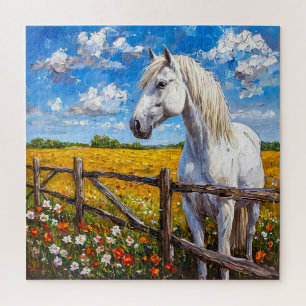 Majestueus wit paard dat bij een rustieke omheinin legpuzzel