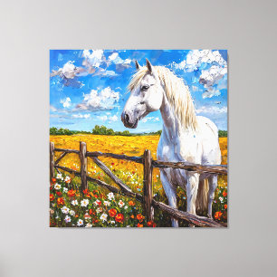 Majestueus wit paard dat naast een landelijk hek s canvas afdruk