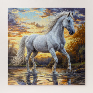Majestueus wit paard galopperend door water legpuzzel