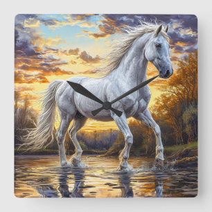 Majestueus wit paard galopperend door water vierkante klok