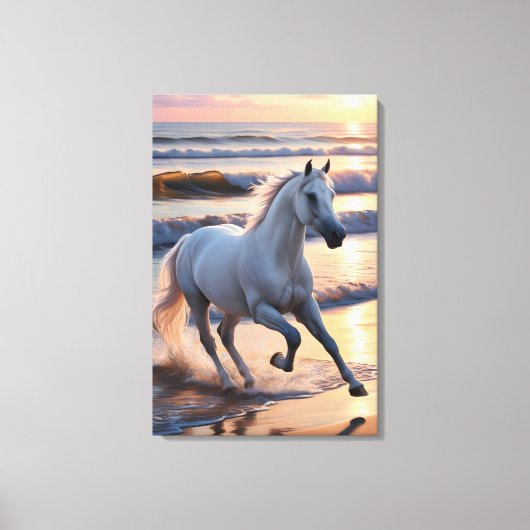 Majestueus wit paard galopperend langs de oceaango canvas afdruk (Voorkant)