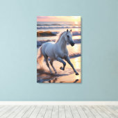 Majestueus wit paard galopperend langs de oceaango canvas afdruk (Insitu (Houten vloer))