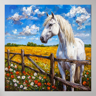 Majestueus wit paard staand bij een rustieke omhei poster