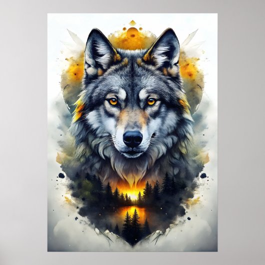 Majestueus wolvenportret in Abstracte kunst Poster (Voorkant)