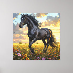 Majestueus zwart paard galopperend door een levend canvas afdruk
