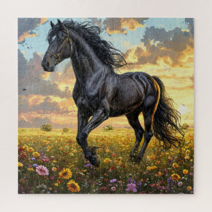 Majestueus zwart paard galopperend door een levend legpuzzel