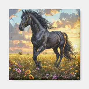 Majestueus zwart paard galopperend door een levend magneet