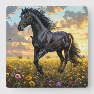 Majestueus zwart paard galopperend door een levend vierkante klok