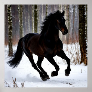 Majestueus zwart paard in de sneeuw poster